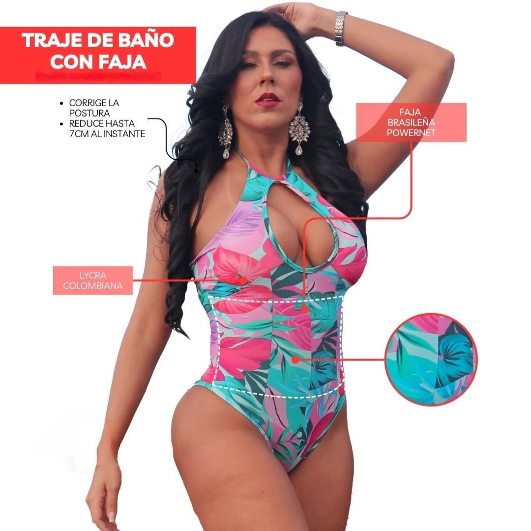 TRAJE DE BAÑO CON FAJA ALTA COMPRESION ~ CIELO